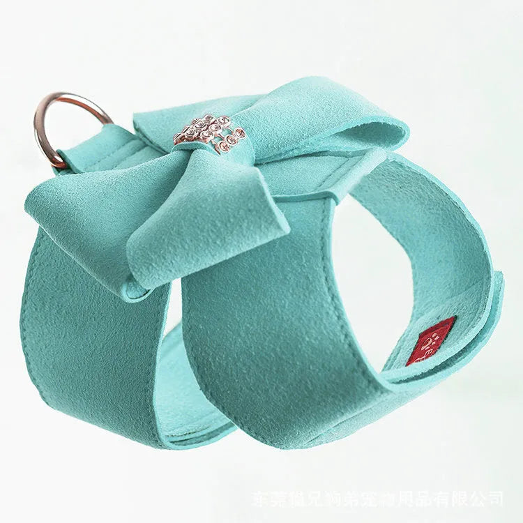 Cute fashion bowknot puppy chest strap harness in microfiber, shown in pink, blue, and orange colour options.
