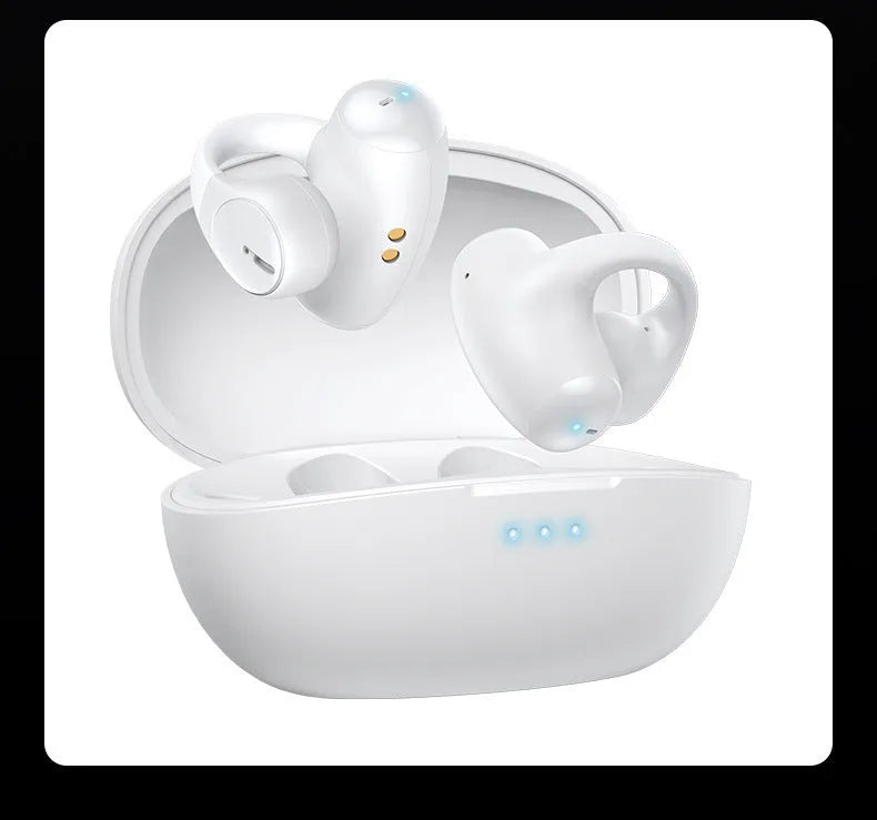 Black and white T306 Bluetooth wireless clip-on sports gaming earphones on ear hook.