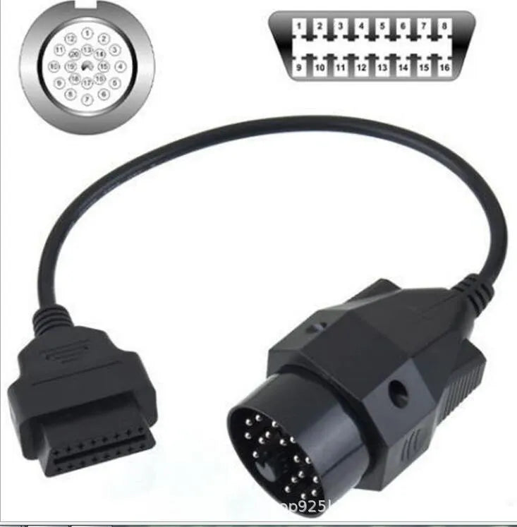 BMW OBD2 diagnostic connector cable showing 20-pin and 16-pin ends for vehicle scanner connection