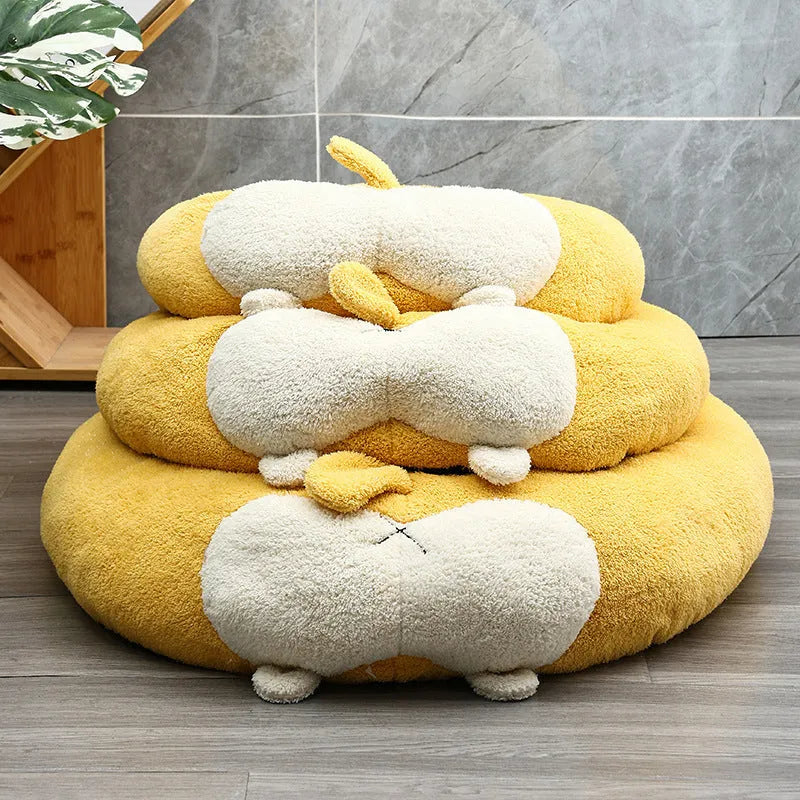 Corgi-shaped soft plush pet bed for dogs and cats, filled with PP cotton, shown in grey.