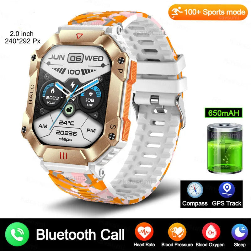 Android smart watch with titanium case on wrist, showing black camouflage strap option and display.