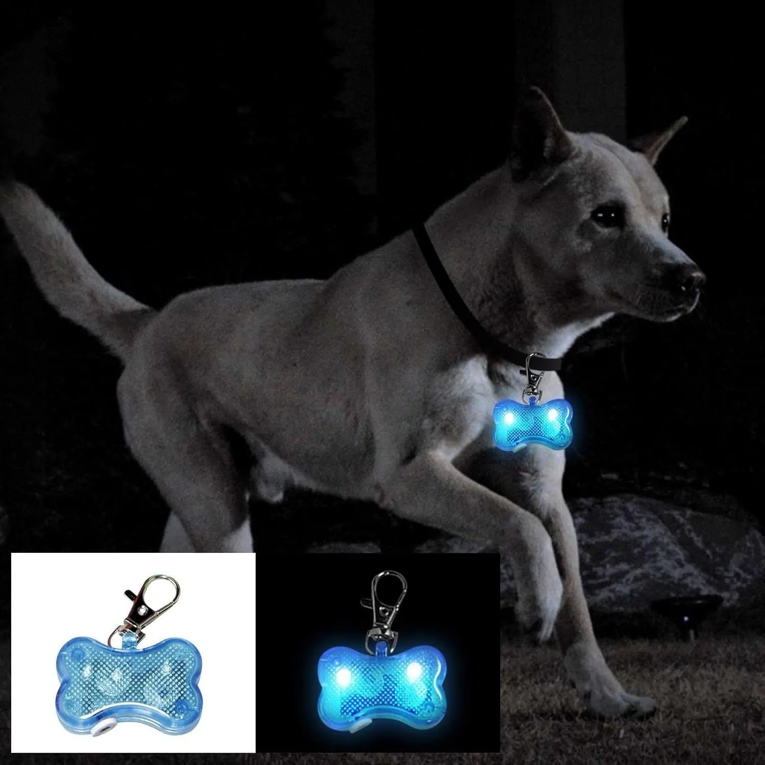 Blue bone-shaped LED luminous pendant for pet collar with three light mode settings.