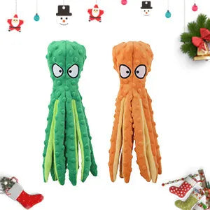 Blue octopus-shaped dog squeaky toy with no stuffing and crinkle sounds for chewing