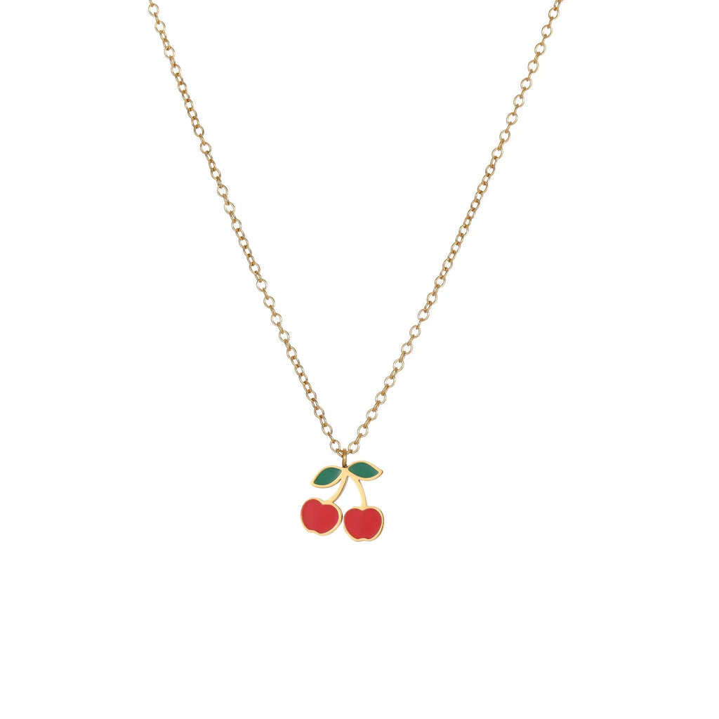 Cherry jewellery set showing necklace, bracelet, earrings, and ring with stainless steel construction and cherry motifs