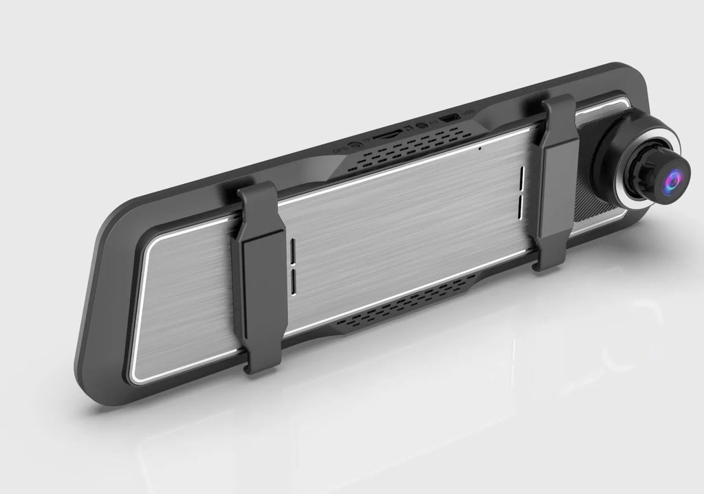 Black dual-lens driving recorder with 9.66 inch touch screen mounted on rearview mirror showing 4K interface
