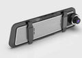 Black dual-lens driving recorder with 9.66 inch touch screen mounted on rearview mirror showing 4K interface