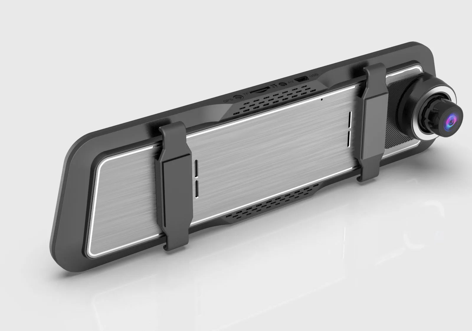 Black dual-lens driving recorder with 9.66 inch touch screen mounted on rearview mirror showing 4K interface