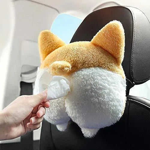Yellow corgi butt-shaped tissue box cover with elastic back for car sun visor mounting