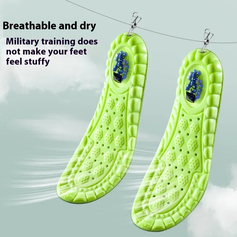 Green PU air cushion sports insole with argy wormwood for shock absorption and sweat management.