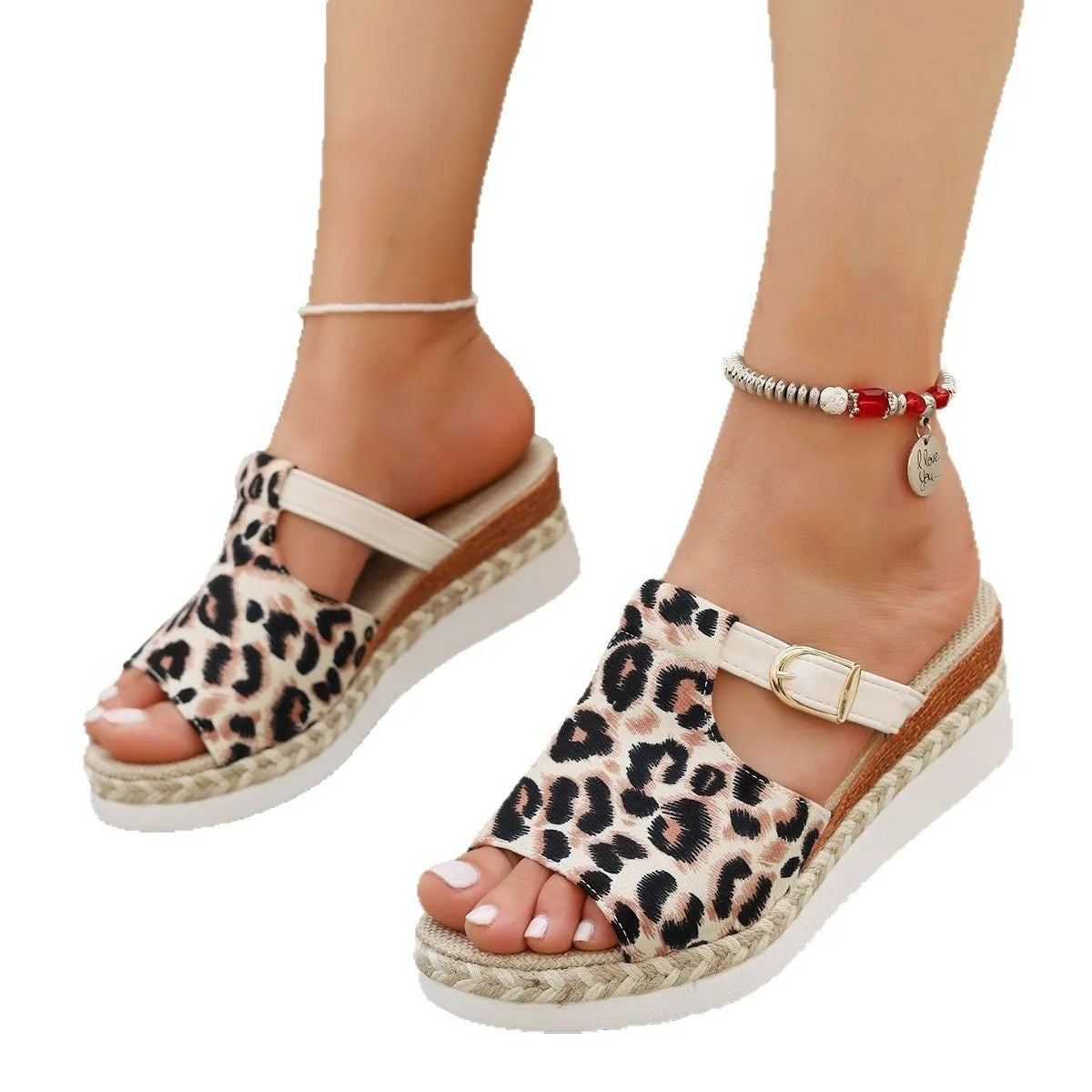 Leopard print wedge platform sandals with fish mouth design in beige, available sizes 36-43