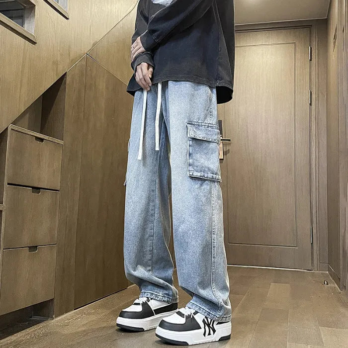 Men's straight leg cotton jeans in light blue and dark blue American retro style for spring