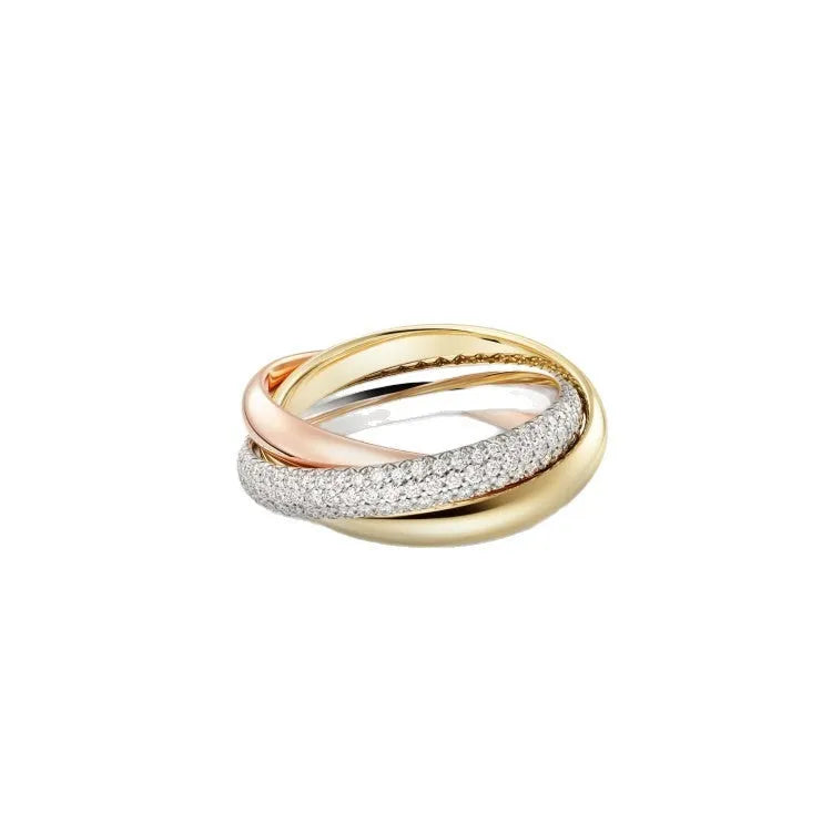 Silver geometric couple ring set with diamond accents on a U-shaped band.