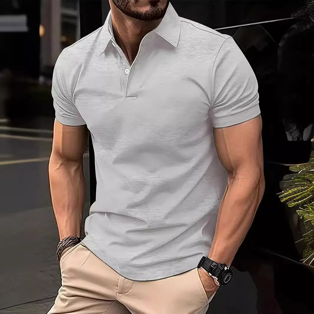 Men's solid colour slim fit short sleeve shirt with button front on a neutral background.