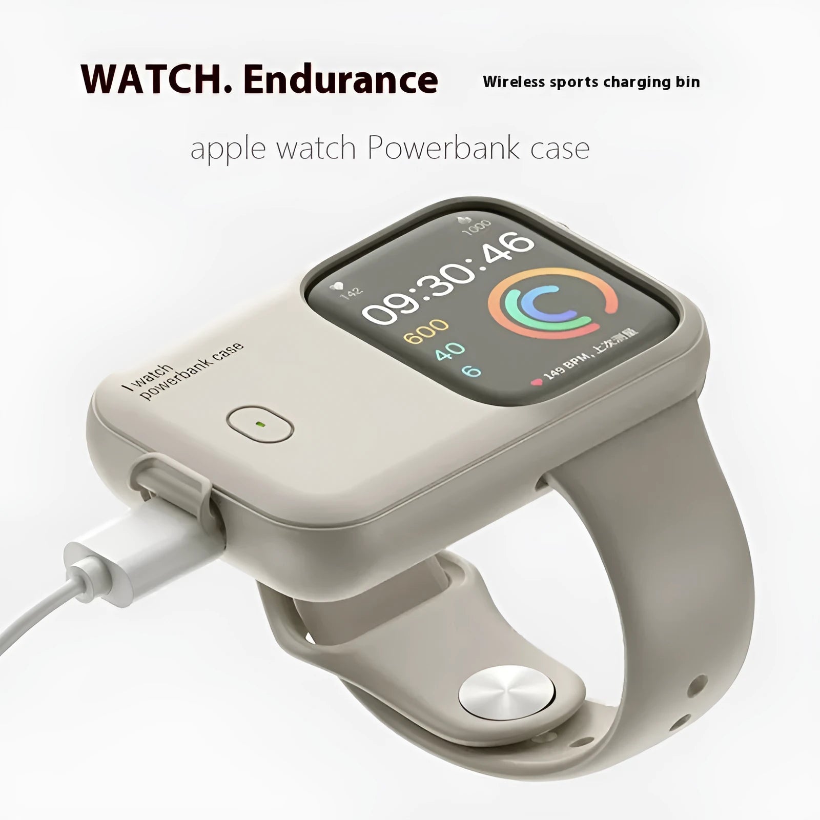 Apple Watch portable wireless charging case power bank in brown, midnight blue, and starlight colours