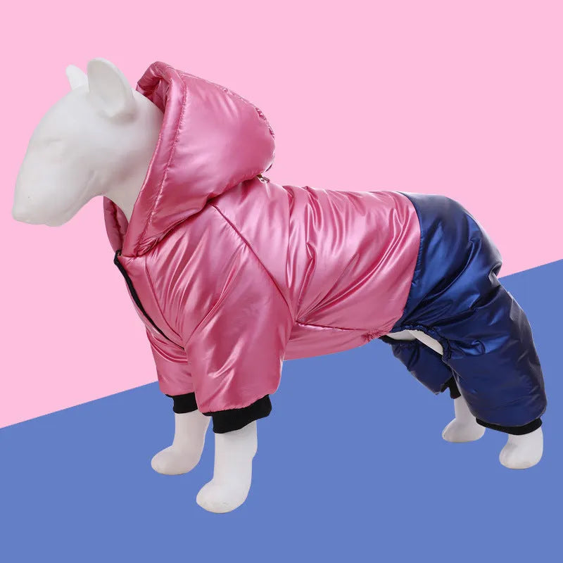 Green pink or white waterproof four-legged cotton padded dog coat shown in sizes S to 3XL