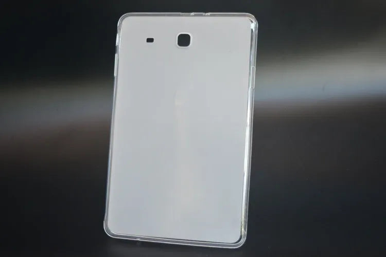 Clear transparent ultra-thin silicone protective case for a tablet on a plain background.