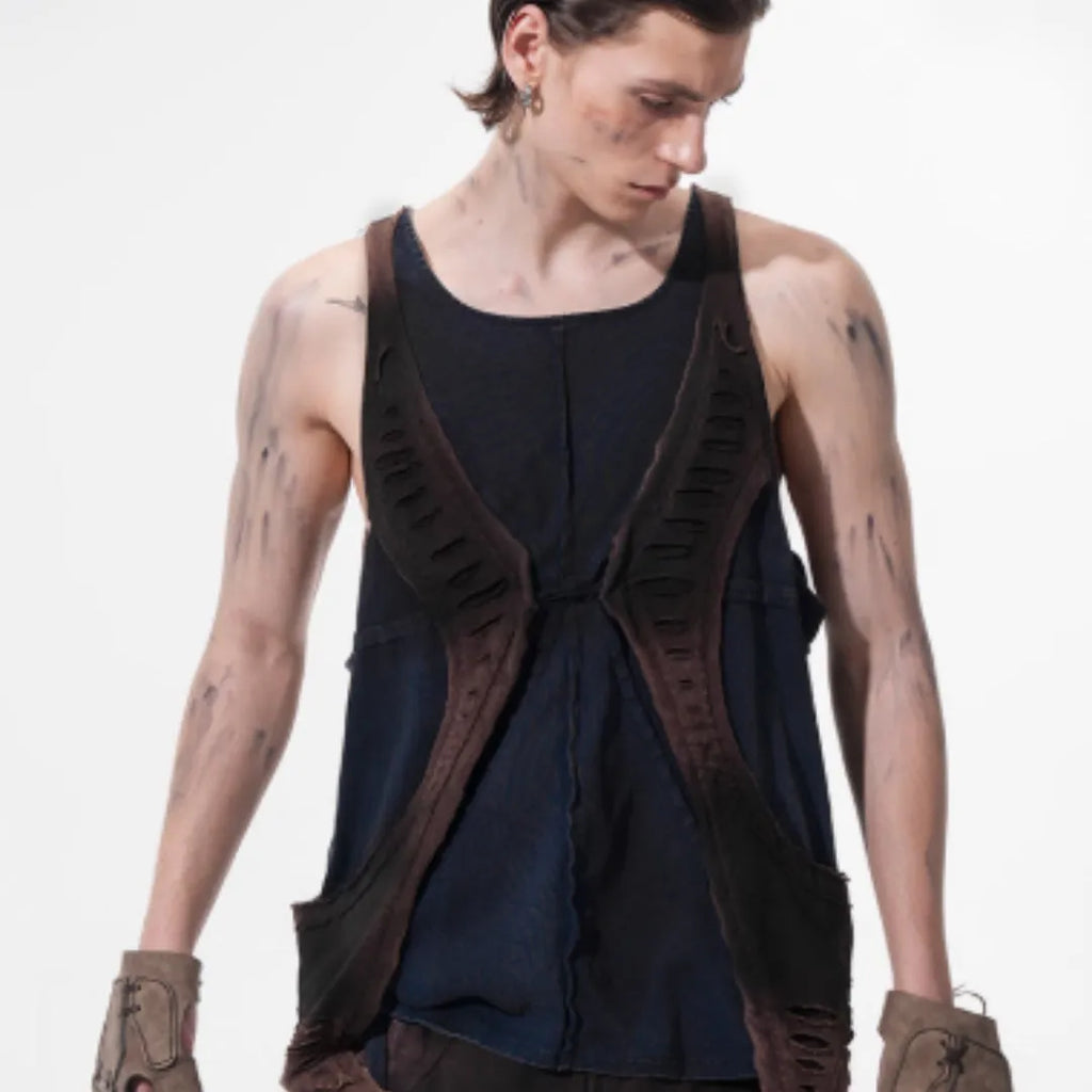 Men's summer spray colour cut structure spliced vest with round neck in youth pop style