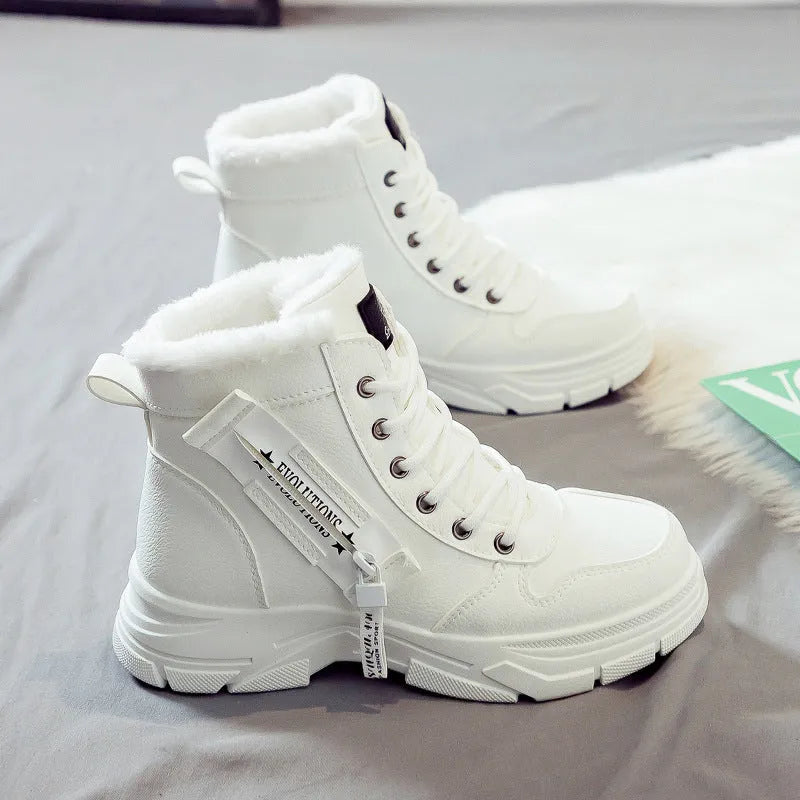 Plus size women's tall lace-up snow boots with fleece lining and a rubber sole.