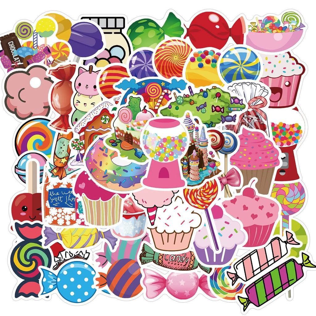 Colourful candy graffiti sticker sheets with cartoon designs measuring 4-6cm