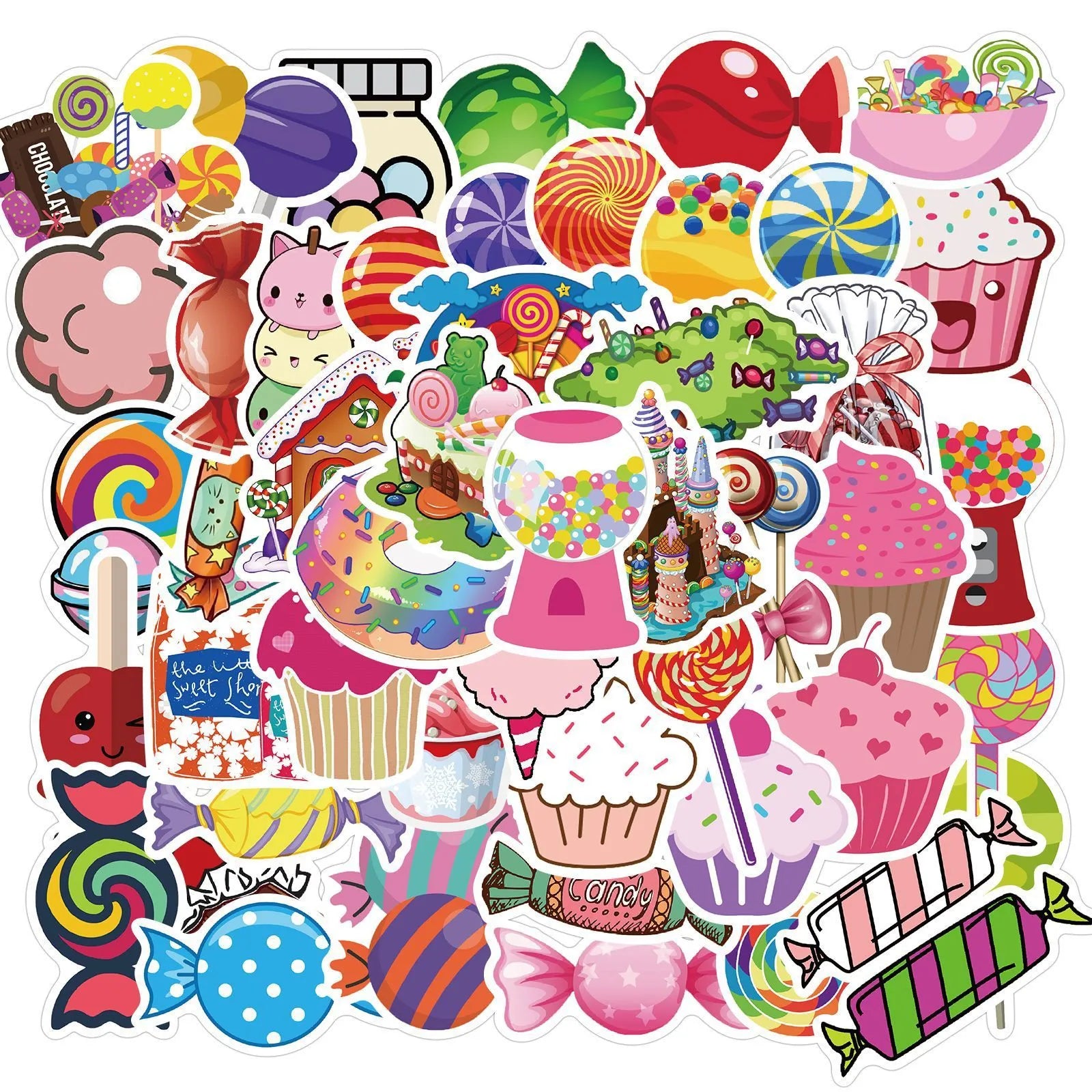 Colourful candy graffiti sticker sheets with cartoon designs measuring 4-6cm