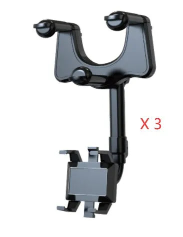 Black rearview mirror phone holder with 360 rotatable clamp and telescopic arm attached to car mirror
