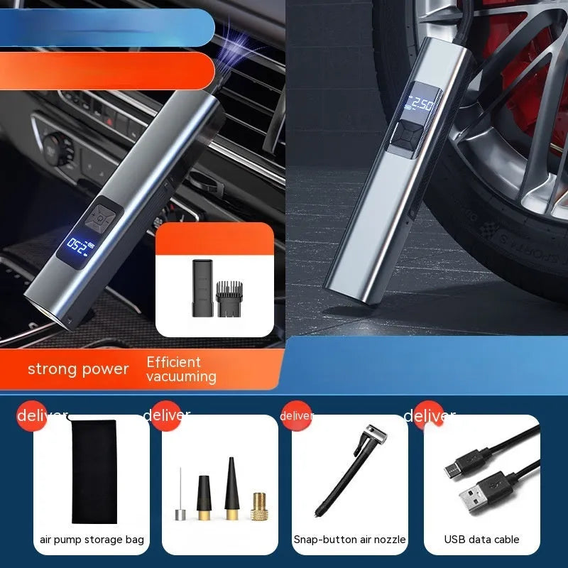 Wireless digital display car air pump and vacuum cleaner with storage bag and accessories