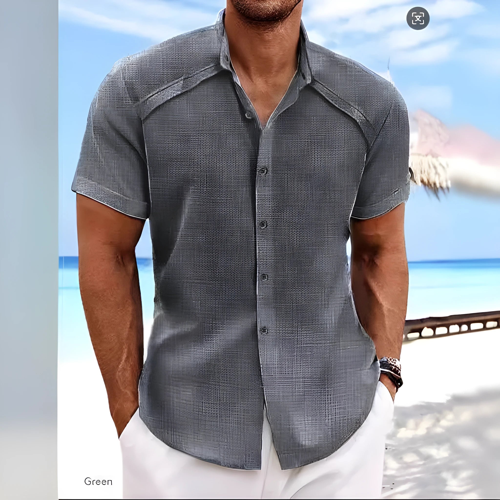 Men's solid colour casual short sleeve shirt in cotton blend fabric on a hanger.