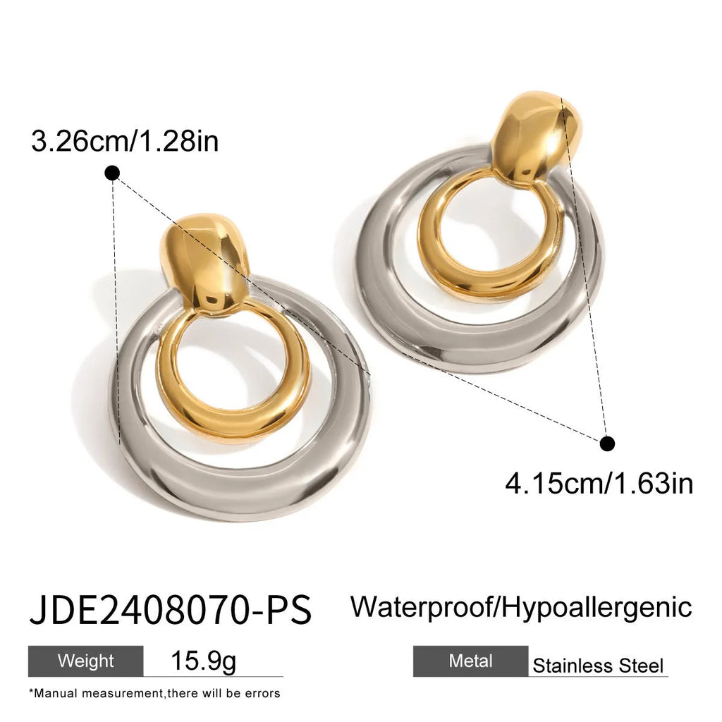 Golden round geometric double-layer hollow stud earrings with 18K gold electroplating on titanium steel