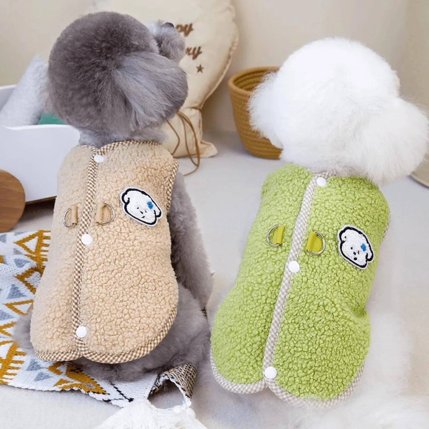 Green coral fleece dog vest with leash ring on small dog during autumn