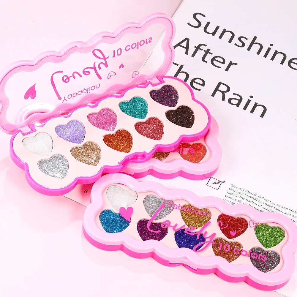 Pearlescent heart ten-colour sequins eye shadow palette showing 10 powder shades