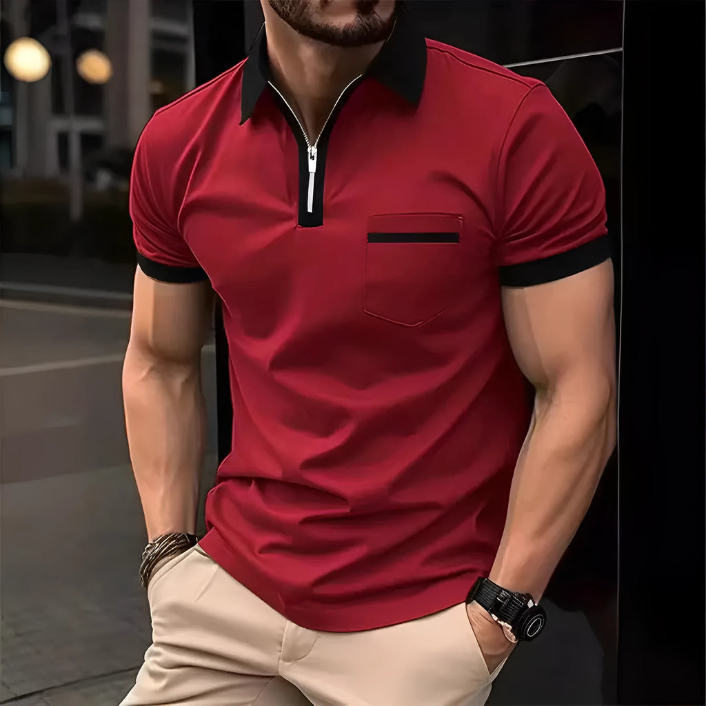 Men's loose fit casual short sleeve shirt with chest pocket and zipper decoration detail
