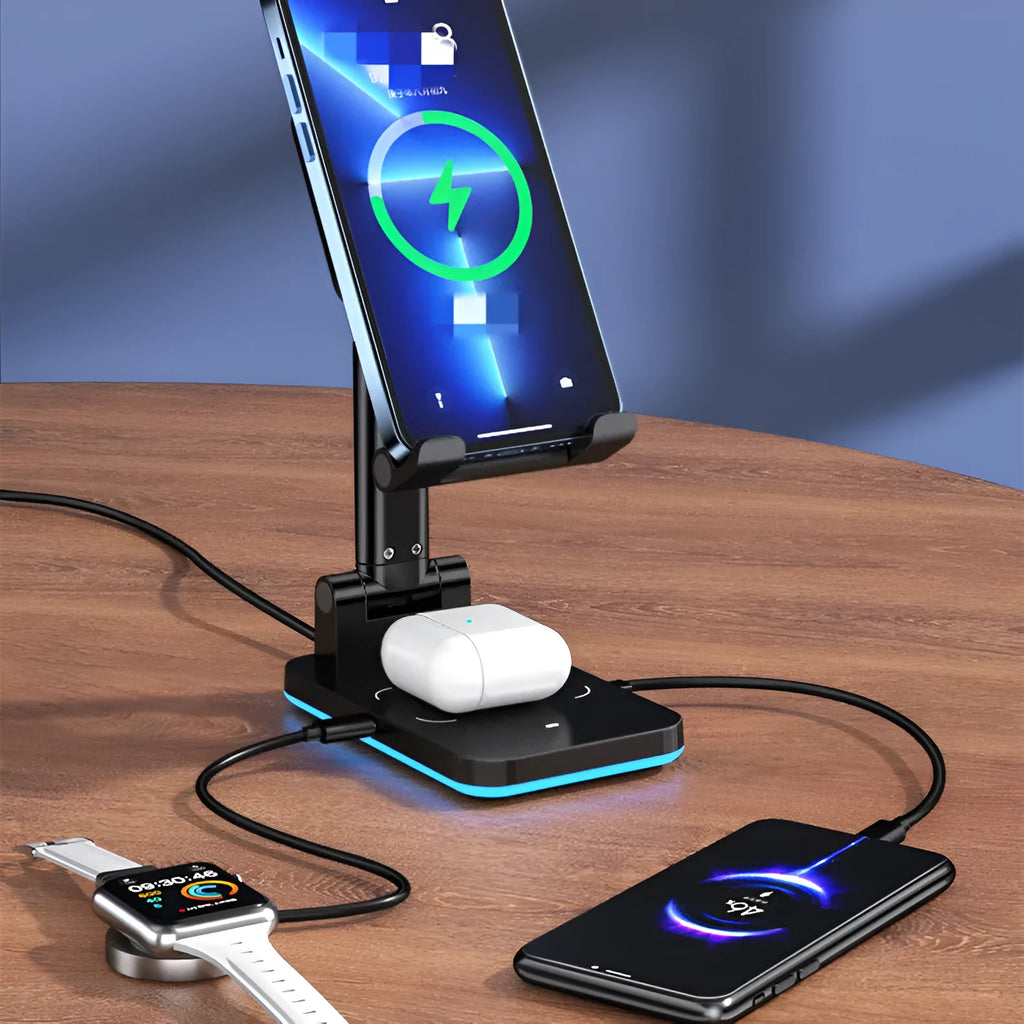 Black and white desktop wireless charging mobile phone holder on a wooden desk.