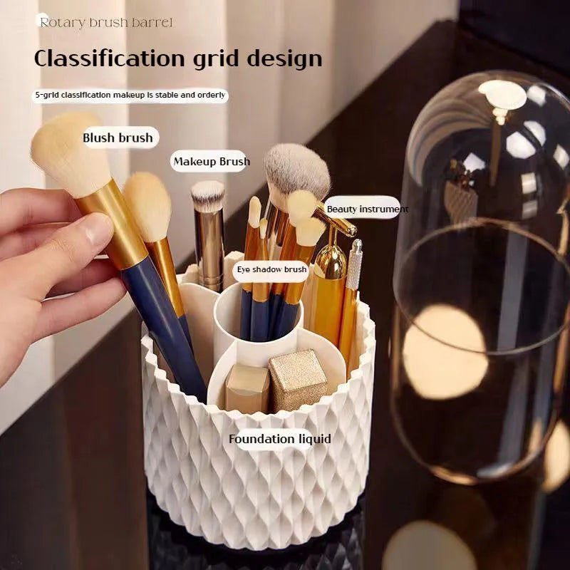 White rotating transparent acrylic makeup brush holder with dustproof lid on desktop