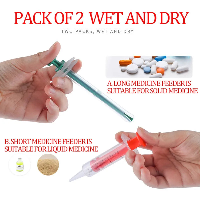 Two pet pill shooter guns with soft silicone tips for administering tablets to cats and dogs