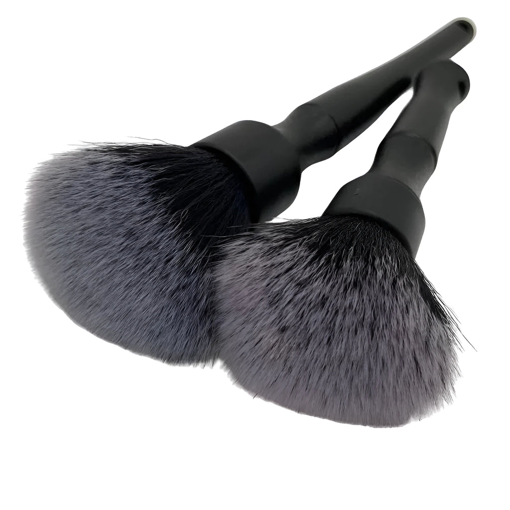 Black ultra-soft car detailing brush with pig hair bristles and PP plastic handle.