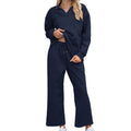 Women's solid colour geometric pattern knit suit with lapel sweater and elastic waist cropped trousers