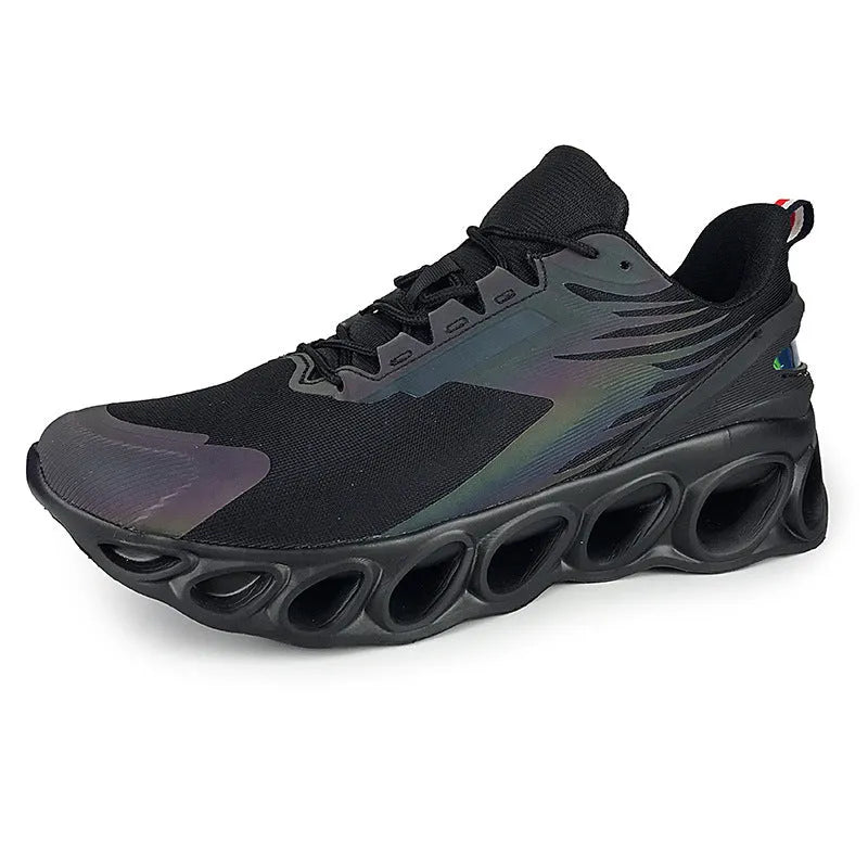 Men's black breathable low-top casual sports shoes with mesh upper and lace-up front