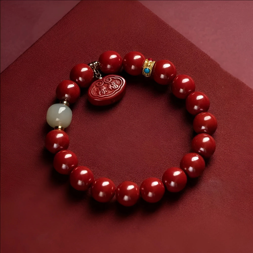 Cinnabar Emperor Sandstone bracelet with Ping An Fu Lu motifs in 8mm or 10mm bead sizes