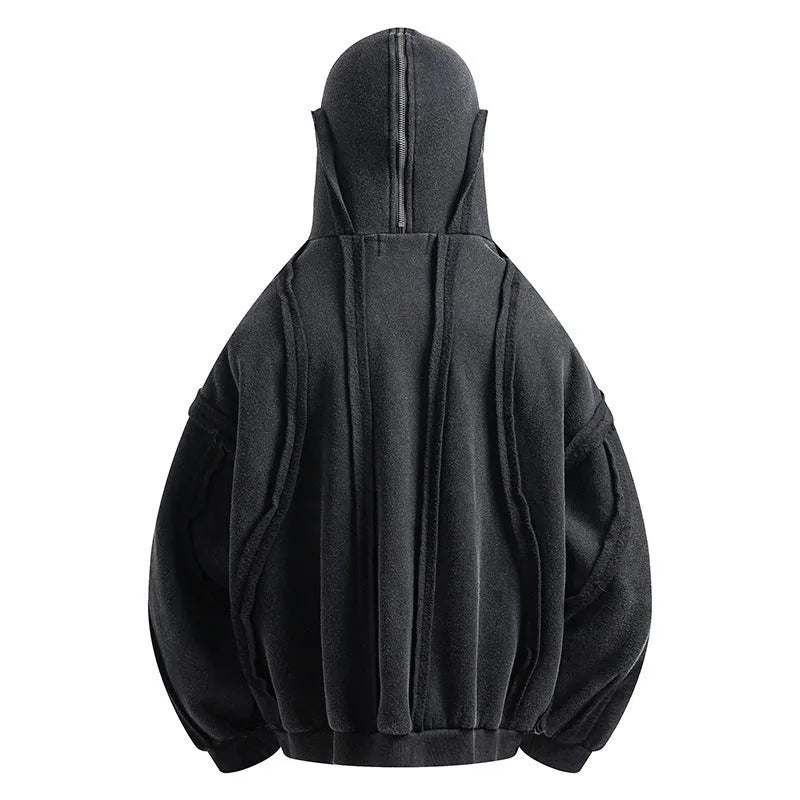 Black men's loose fit cotton padded hooded coat with zip front and abstract pattern.