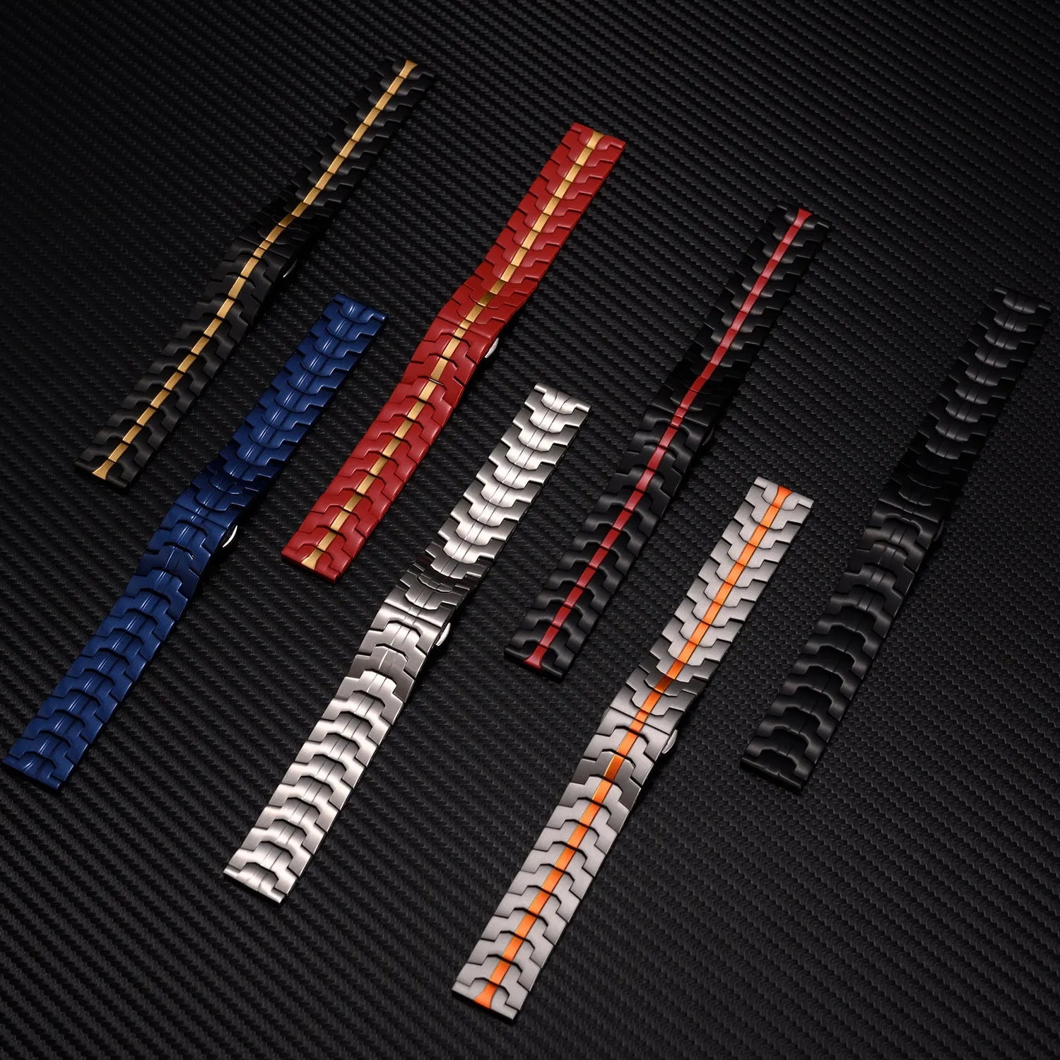 Stainless steel smartwatch band for Samsung Galaxy Watch in silver, black, titanium, blue, and two-tone colour options