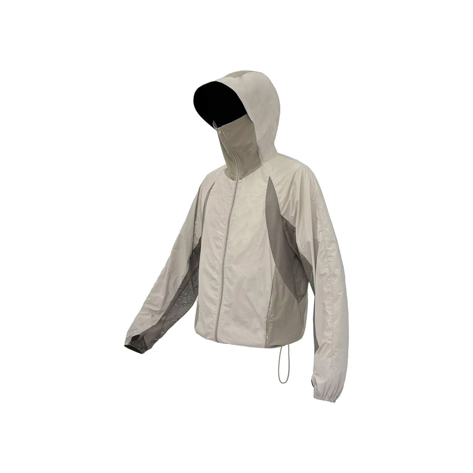 Nylon sun protective top with mesh stitching in desert brown, light grey, red and blue colours.