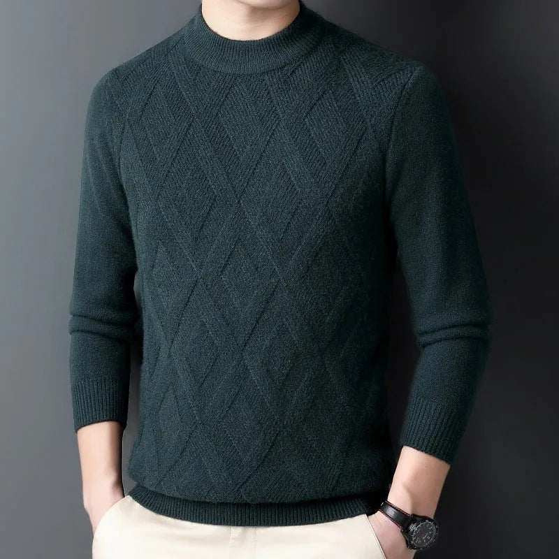 Men's grey diamond jacquard pattern wool blend heavyweight pullover sweater on a hanger.