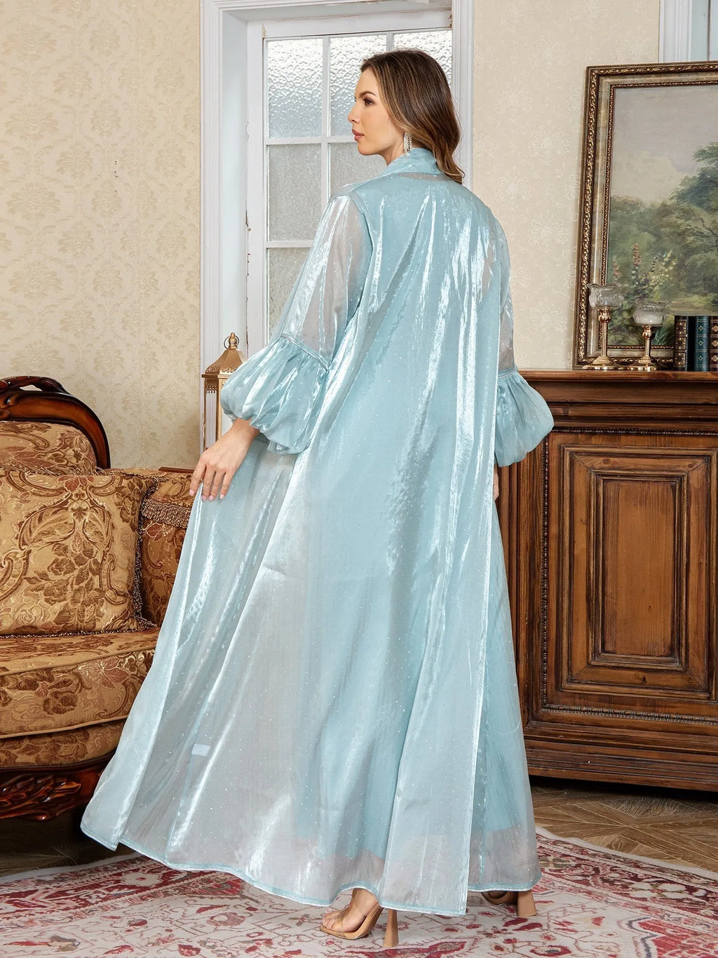 Dubai two-piece dress set with rhinestone detailing in brown colour showing long sleeves and long skirt