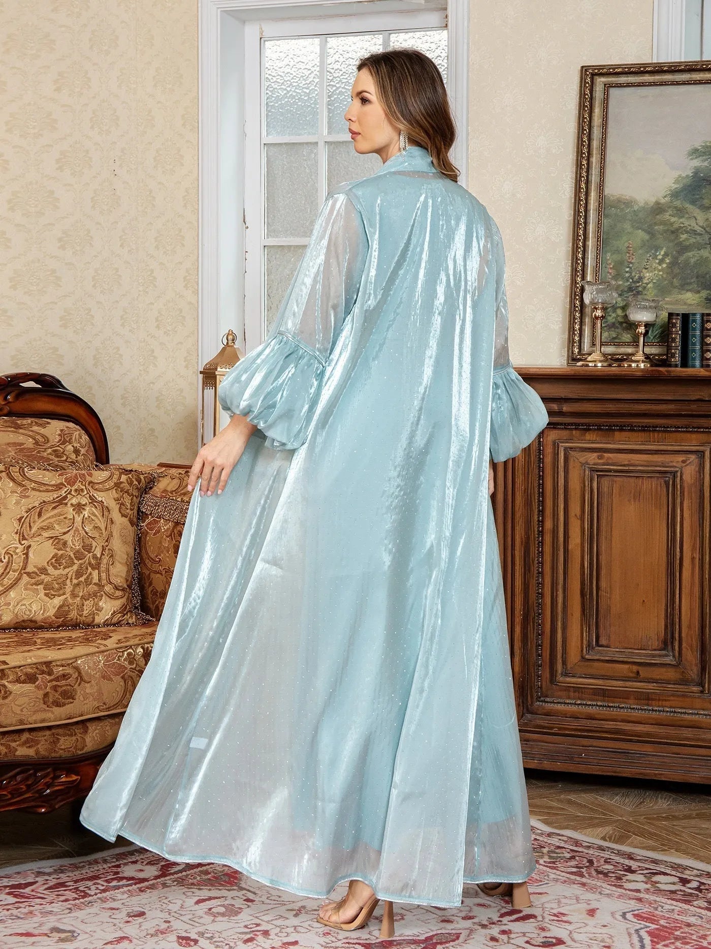 Dubai two-piece dress set with rhinestone detailing in brown colour showing long sleeves and long skirt