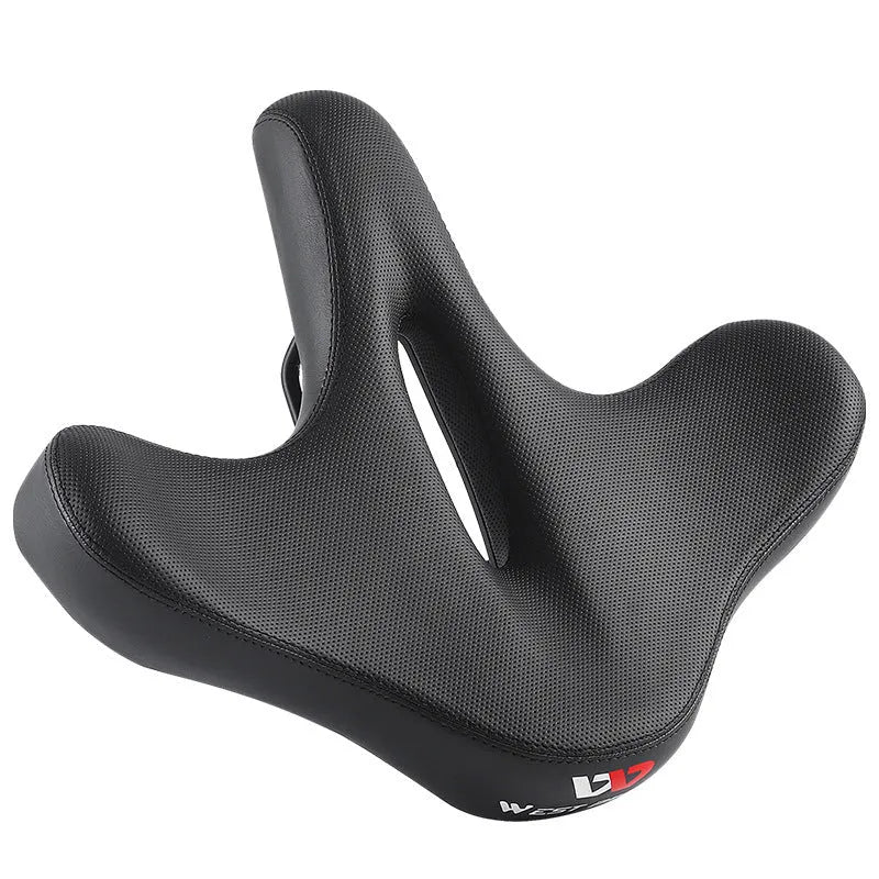 Black bicycle seat cushion with leather cover and foam padding for shock absorption