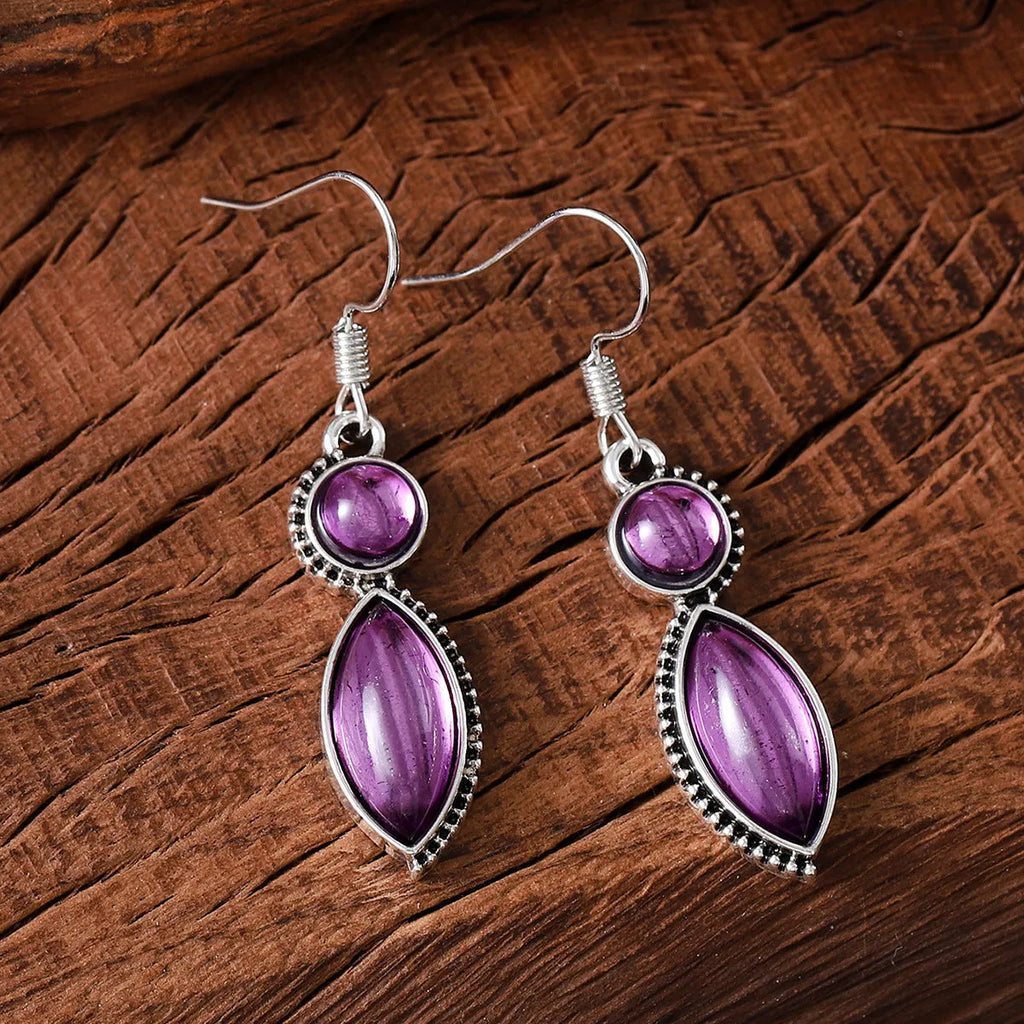 Vintage black and purple gemstone pendant earrings with geometric round design on zinc alloy