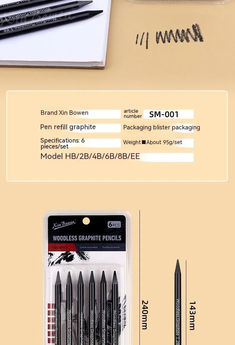 Six wood-free graphite sketching pencils showing different darkness grades from HB to EE