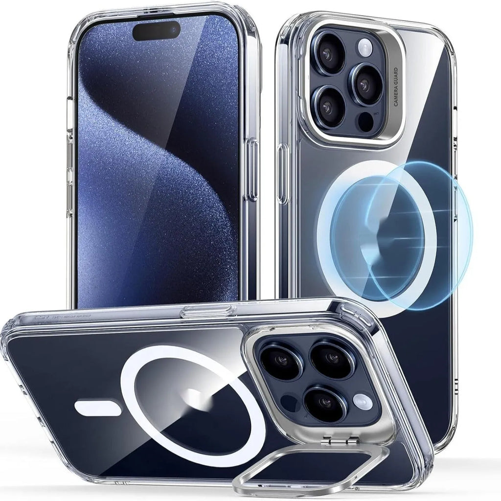 Transparent magnetic hard case with invisible kickstand for iPhone 15 Pro Max
