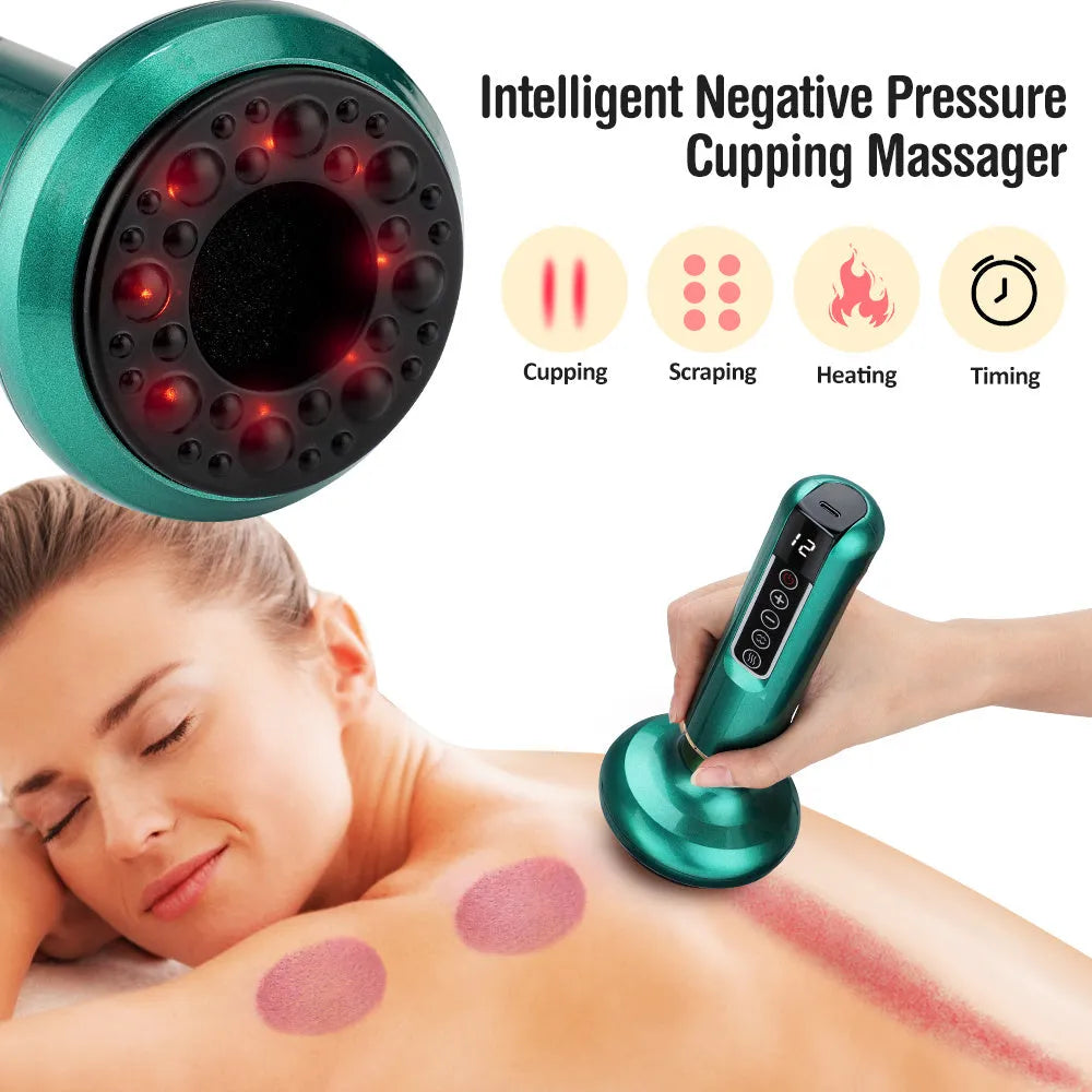 Green electric vacuum cupping massager with infrared heating and adjustable suction controls