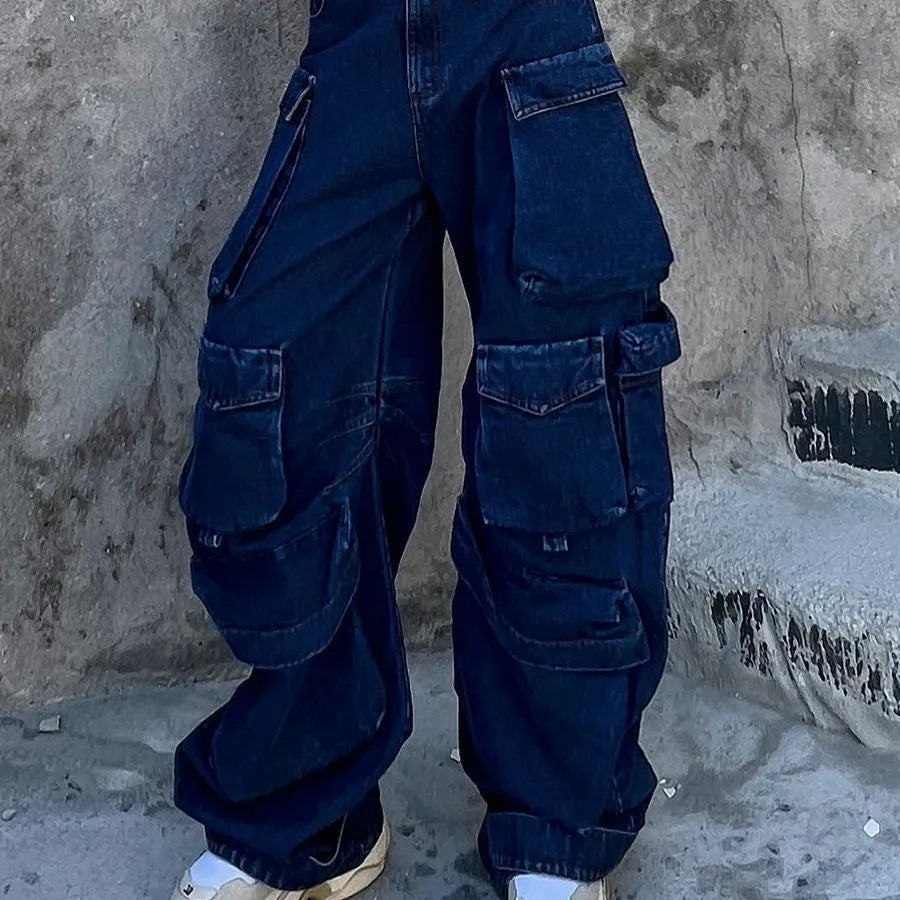 Dark blue distressed wide-leg jeans with multiple pockets and high waist design